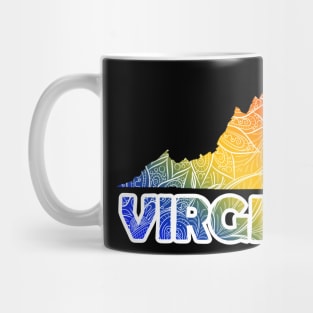 Colorful mandala art map of Virginia with text in blue, yellow, and red Mug